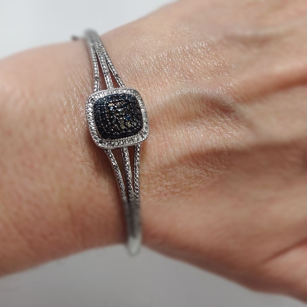 Vintage BR SUN Blue & White Diamond Bracelet 7.5” Micro Pave Hinged‎ Cuff